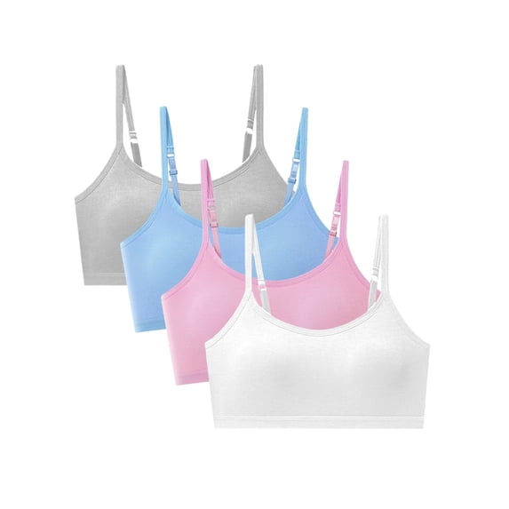 Ingzy 4-pack Girls Cotton Training Bra for Teens with Adjustable Straps & Fixed Padding, Wireless First Bras for Juniors 10-18 Years