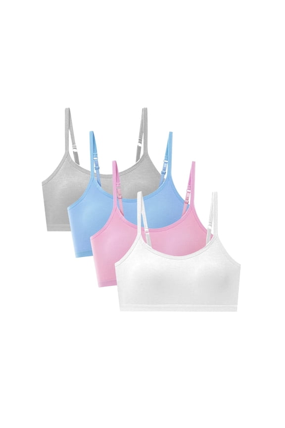 4-pack Girls Cotton Training Bra for Teens with Adjustable Straps & Fixed Padding, Wireless First Bras for Juniors 10-18 Years