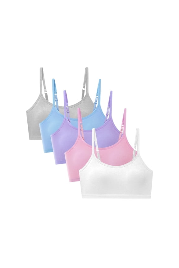 5-pack Girls Cotton Training Bra for Teens with Adjustable Straps & Fixed Padding, Wireless First Bras for Juniors 10-18 Years