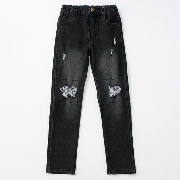 Ingzy Girls Elastic Waist Washed Denim Jeans Straight Leg Stretch Pants with Ripped Frayed Hem & Pockets