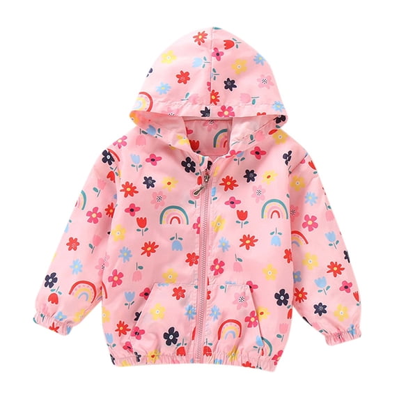 Ingzy Kids Girls Cartoon Zip Hooded Jacket Spring Fall Light Windbreaker Toddler Outwear