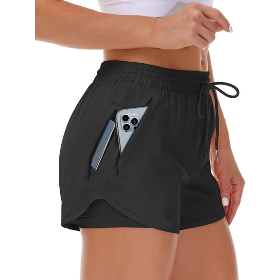 Women's 2-in-1 High Waisted Running Shorts | Tummy Control Anti Chafe Liner | Quick Dry Lightweight Athletic Gym Shorts with Deep Zipper Pockets