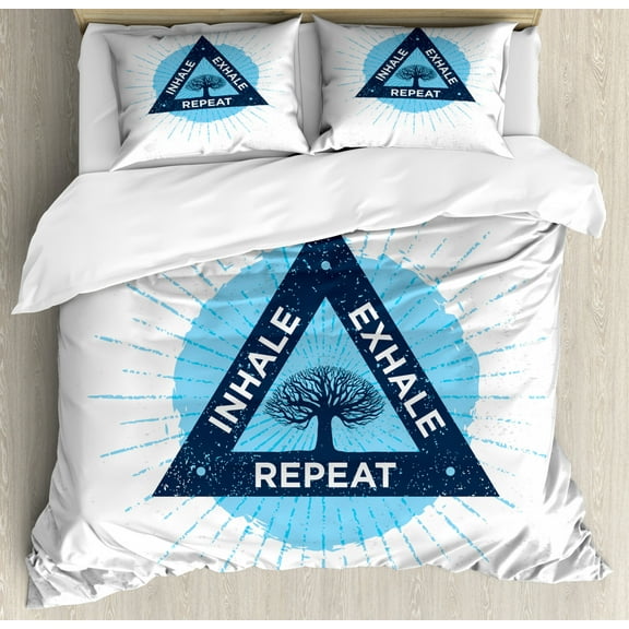 Inhale Exhale Duvet Cover Set Queen Size, Spa Yoga Meditation in Triangle with Tree of Life Tranquil Graphic, Decorative 3 Piece Bedding Set with 2 Pillow Shams, Night Blue White, by Ambesonne