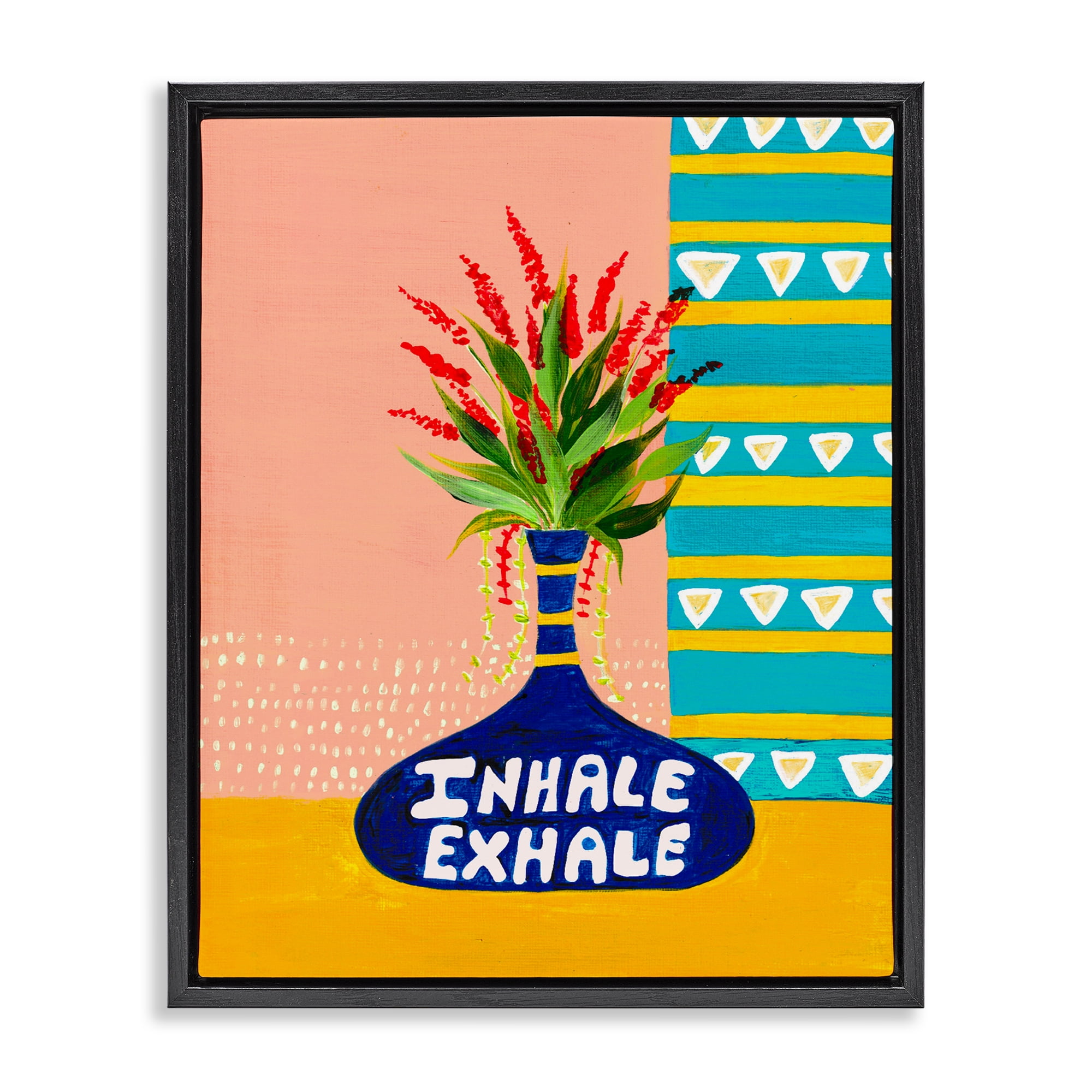 Inhale Exhale Flower Vase Black Framed Floater Canvas Wall Art, design by Nabeela Rumi