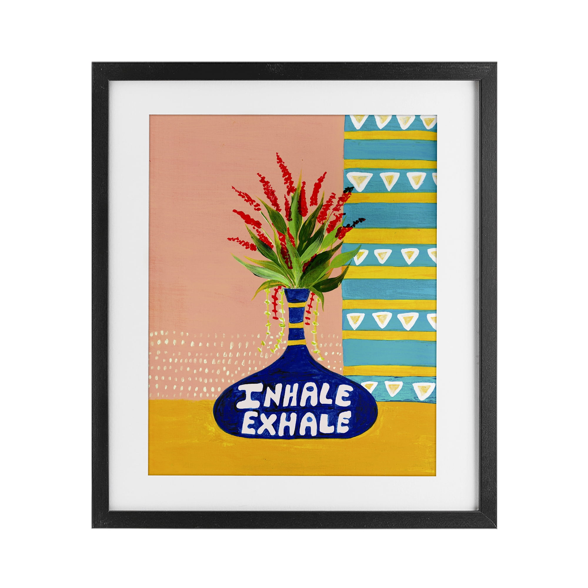 Inhale Exhale Flower Vase Black Framed Print Under Glass, design by Nabeela Rumi