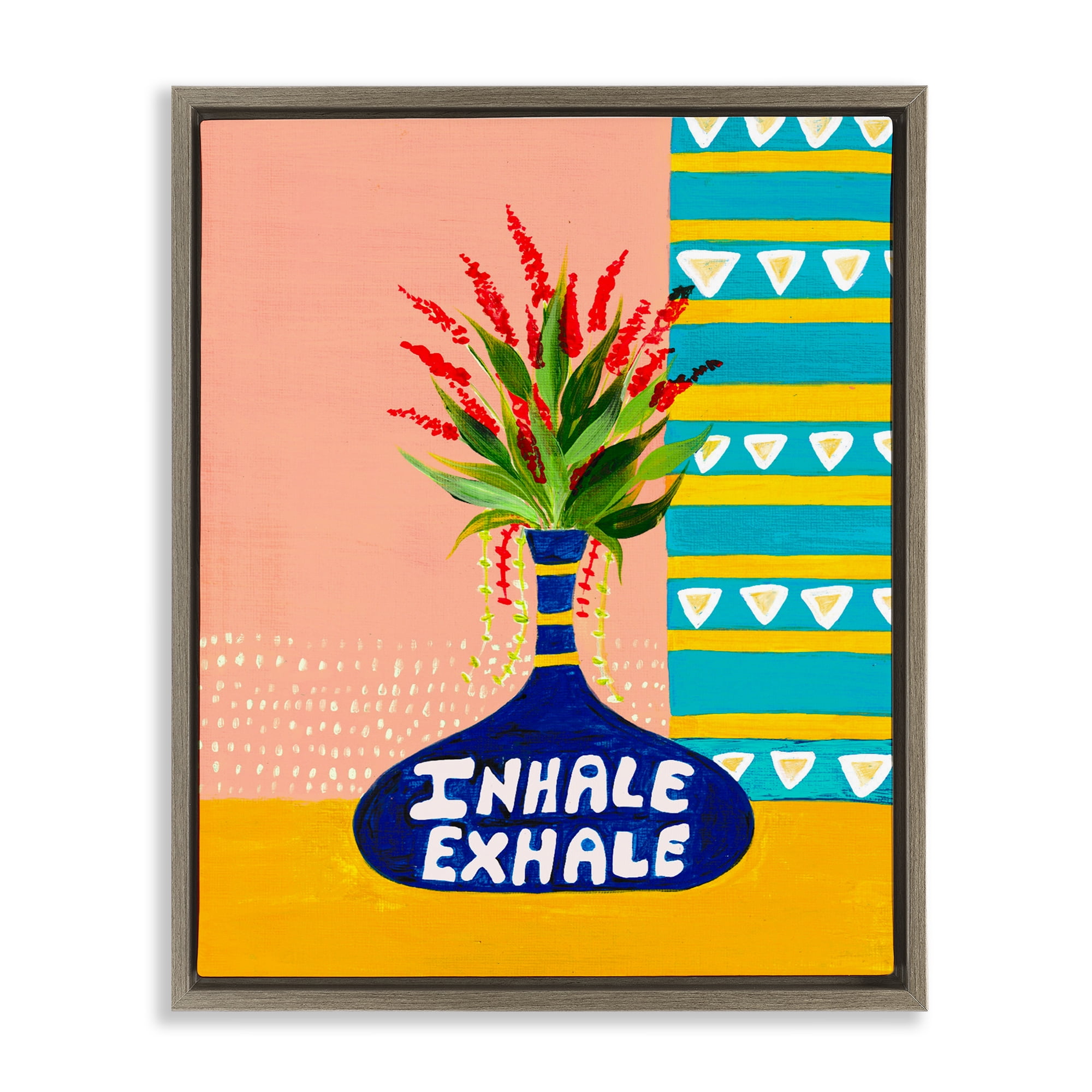 Inhale Exhale Flower Vase Brown Framed Floater Canvas Wall Art, design by Nabeela Rumi