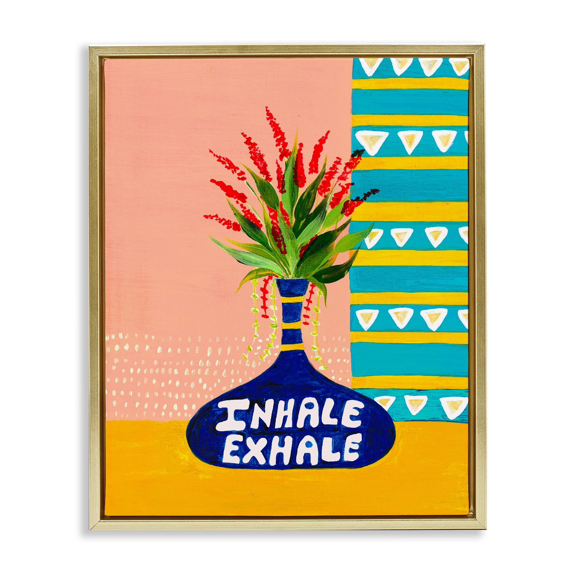 Inhale Exhale Flower Vase Gold Framed Floater Canvas Wall Art, design by Nabeela Rumi