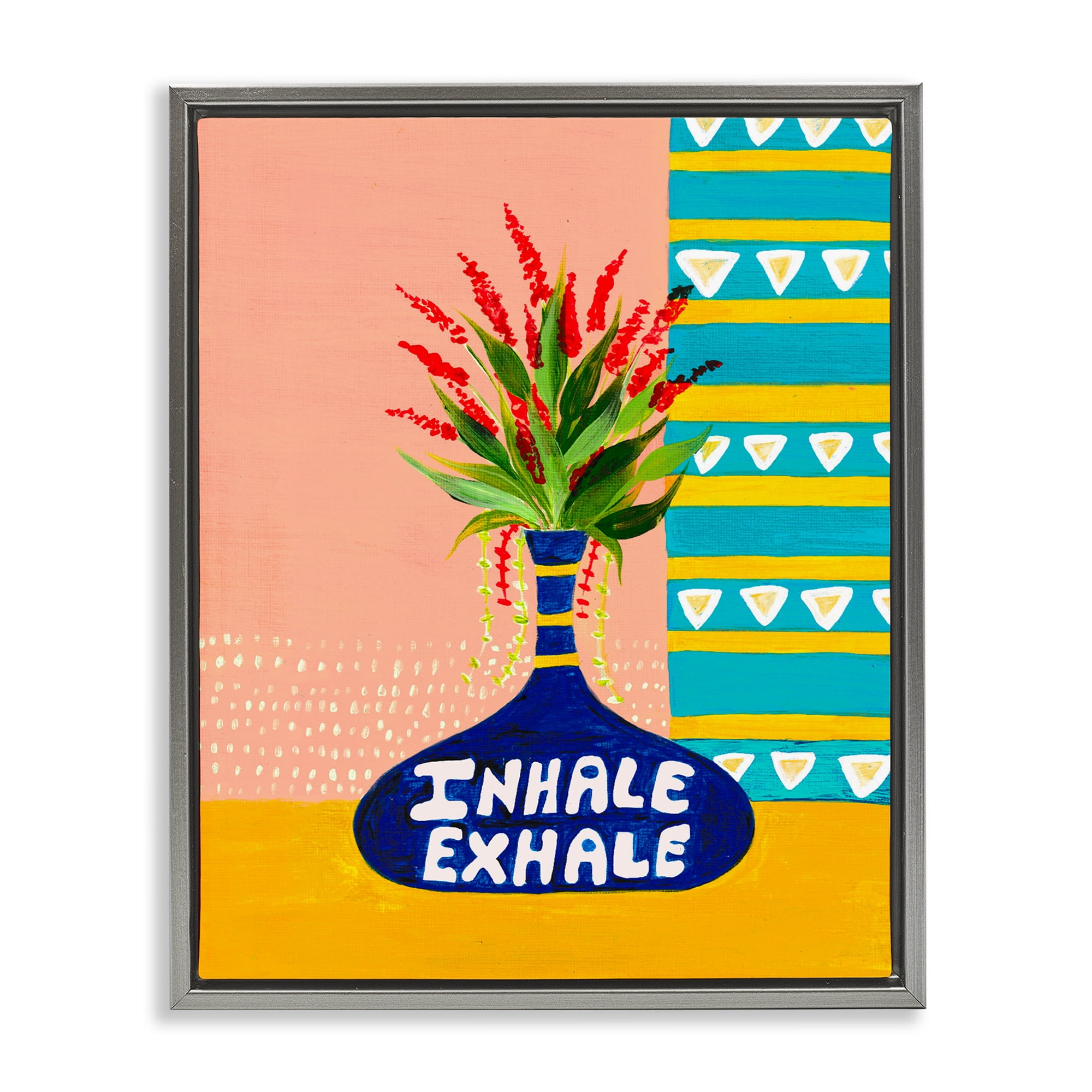 Inhale Exhale Flower Vase Gray Framed Floater Canvas Wall Art, design by Nabeela Rumi