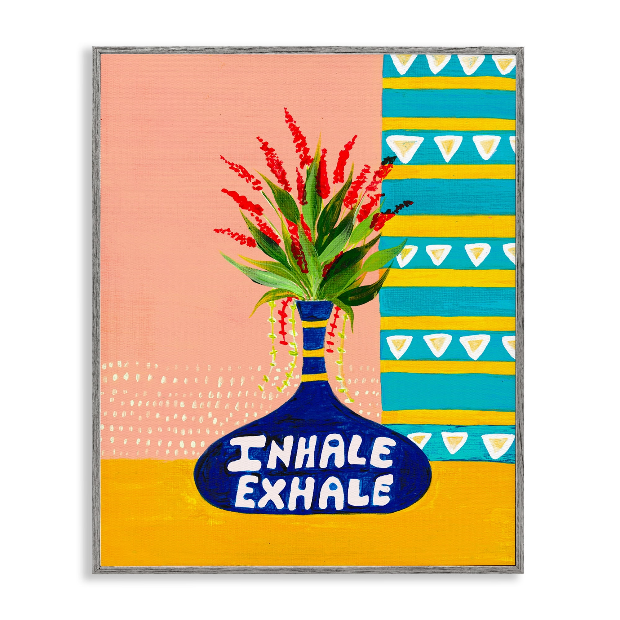 Inhale Exhale Flower Vase Gray Framed Giclee Art, design by Nabeela Rumi