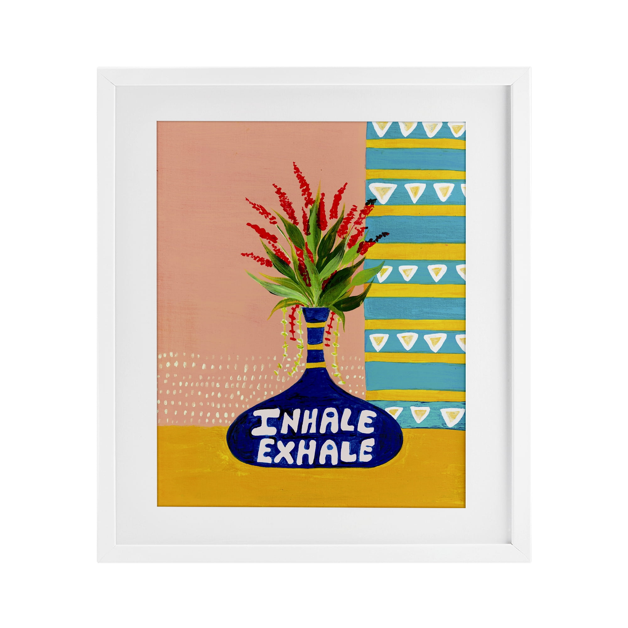 Inhale Exhale Flower Vase White Framed Print Under Glass, design by Nabeela Rumi