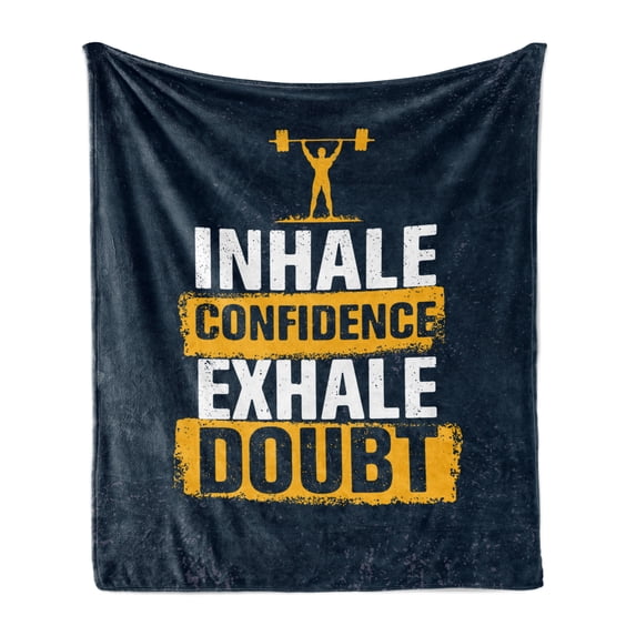 Inhale Exhale Soft Flannel Fleece Throw Blanket, Athlete Weighlifting Olympic Champion Encourage Calligraphy, Cozy Plush for Indoor and Outdoor Use, 70" x 90", Earth Yellow Dark Blue, by Ambesonne