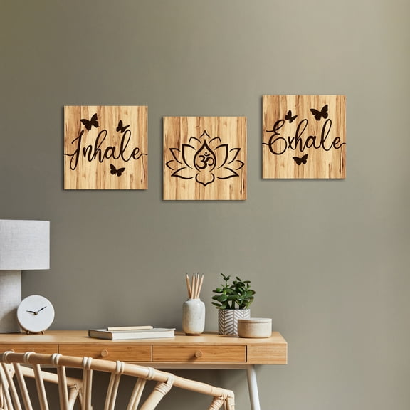 Inhale Exhale Wall Art Decor Inhale Exhale on Brown Wood Background Canvas Wall Art Zen Pictures Wall Art Yoga Pink Lotus Wall Art Meditation Poster Artwork 12x12 Inch (set of 3)