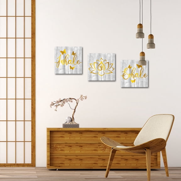 Inhale Exhale Wall Art Decor Inhale Exhale on Gray Wood Background Canvas Wall Art Zen Pictures Wall Art Yoga Pink Lotus Wall Art Meditation Poster Artwork 12x12 Inch (set of 3)