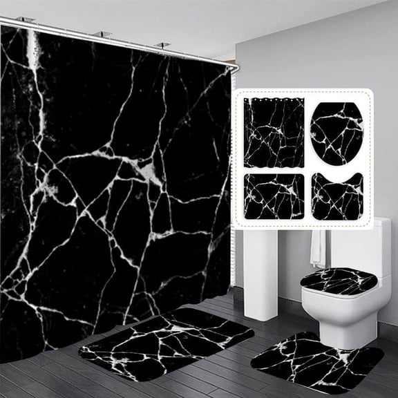 Inhousolu 4 Pcs Shower Curtain Set with Non-Slip Rugs, Toilet Lid Cover and Bath Mat, Waterproof Bathroom Decor Set Accessories, Shower Curtains with 12 Hooks (Black Marble)