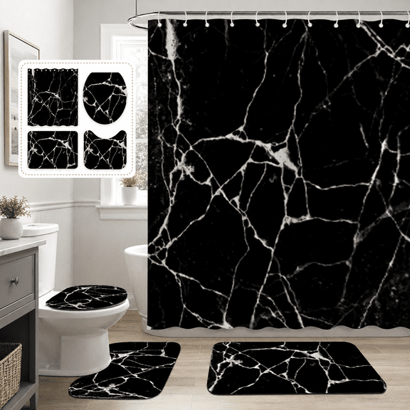 Inhousolu 4-Piece Shower Curtain Set with Bathroom Rugs, Water-Repellent Shower Curtain, Non-Slip Bath Mat, Toilet Lid Cover, U-Shaped Toilet Rug, 12 Hooks, 72 x 72 Inch, Black Marble