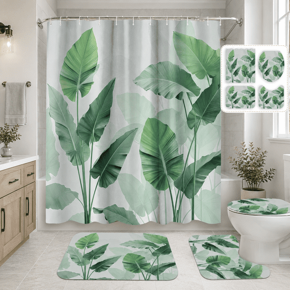 Inhousolu 4-Piece Shower Curtain Set with Bathroom Rugs, Water-Repellent Shower Curtain, Non-Slip Bath Mat, Toilet Lid Cover, U-Shaped Toilet Rug, 12 Hooks, 72 x 72 Inch, Plantain Leaves