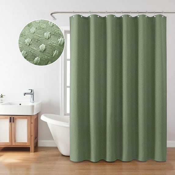 Inhousolu Fabric Shower Curtain Waffle Weave 230GSM Heavy Duty, Weighted Hem with 14 Metal Hooks, Water Repellent & Machine Washable, 72x72 inch, Sage Green