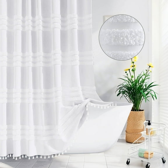 Inhousolu Woven Fabric Shower Curtain 256GSM, Tufted Striped, Waterproof & Wrinkle Free, Weighted Hem, 72x72 inch, White