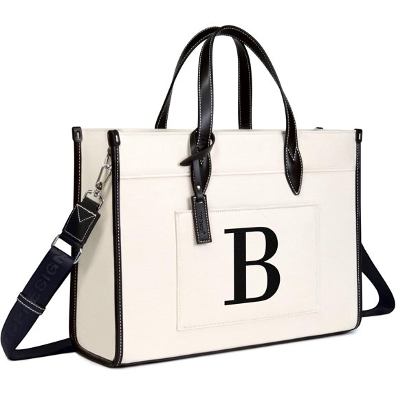 Initial 15.6" Laptop Tote Bag for Women, Personalized Canvas Work Purse, Business Briefcase & Office Handbag