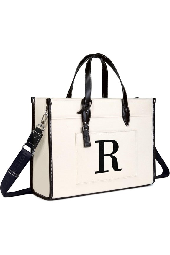 Initial 15.6" Laptop Tote Bag for Women, Personalized Canvas Work Purse, Business Briefcase & Office Handbag