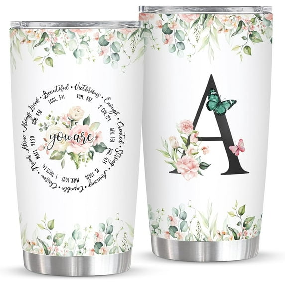 Initial A Tumbler 20oz, Monogrammed Gift for Women Birthday Mothers Day Religious Gift, Christian Gift for Women Initial Coffee Mug