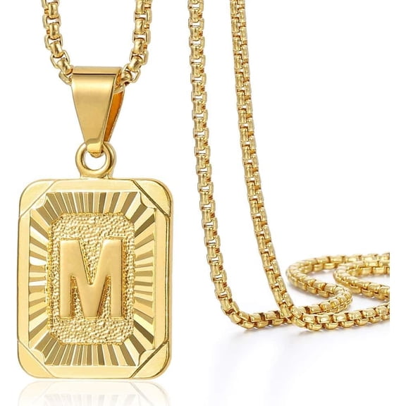 Initial A-Z Letter Pendant Necklace Mens Womens Capital Letter Yellow Gold Plated Stainless Steel Box Chain 22inch