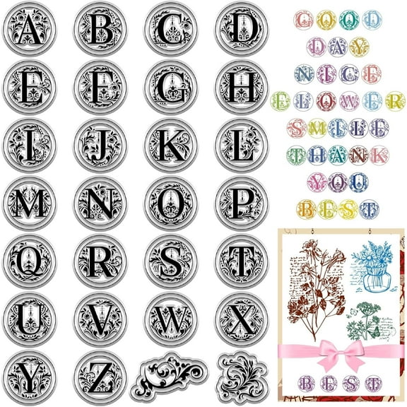 Initial A-Z Letters Clear Rubber Stamps Alphabet Vintage Floral Reusable Transparent Silicone Stamp Seals for Journaling Card Making Scrapbooking Photo Album Decorative DIY Christmas Gift