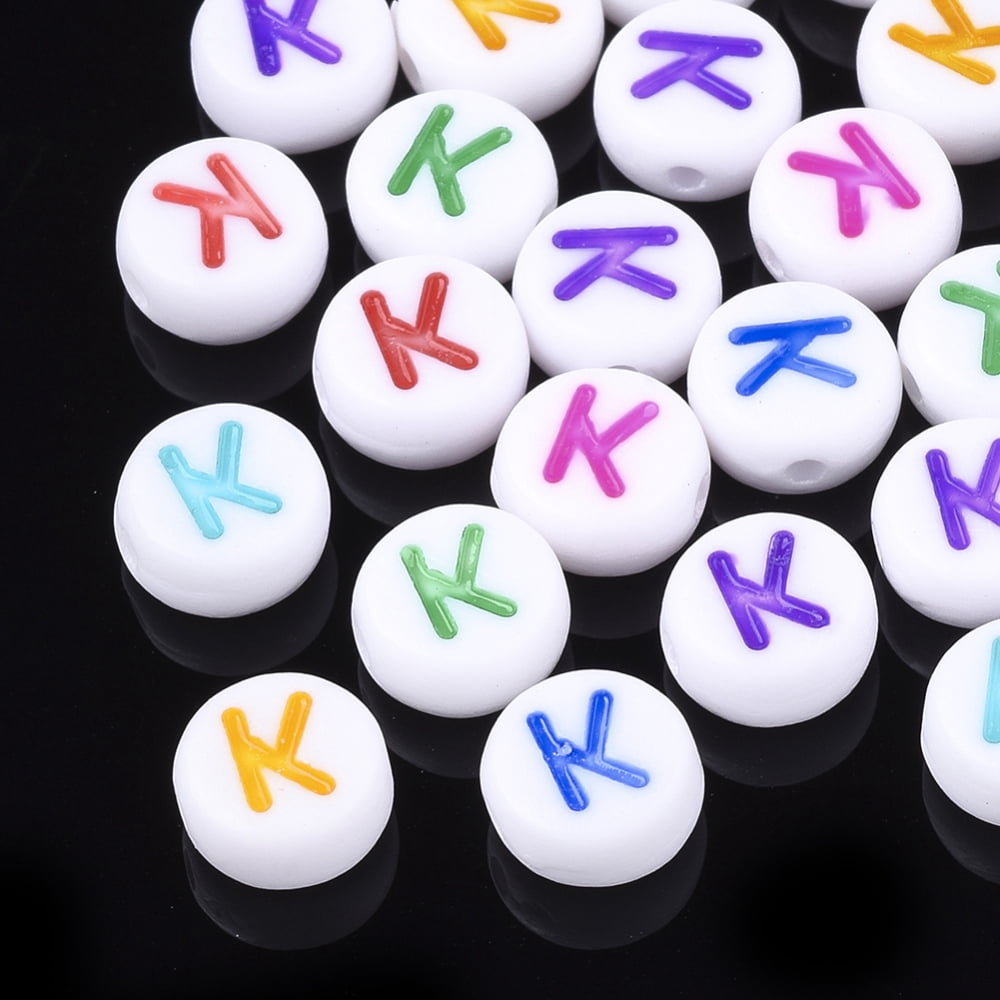 Initial Acrylic Beads Horizontal Hole Flat Round Mixed color Letter.K 7x3.5~4mm Hole: 1.2mm about 3700pcs/500g