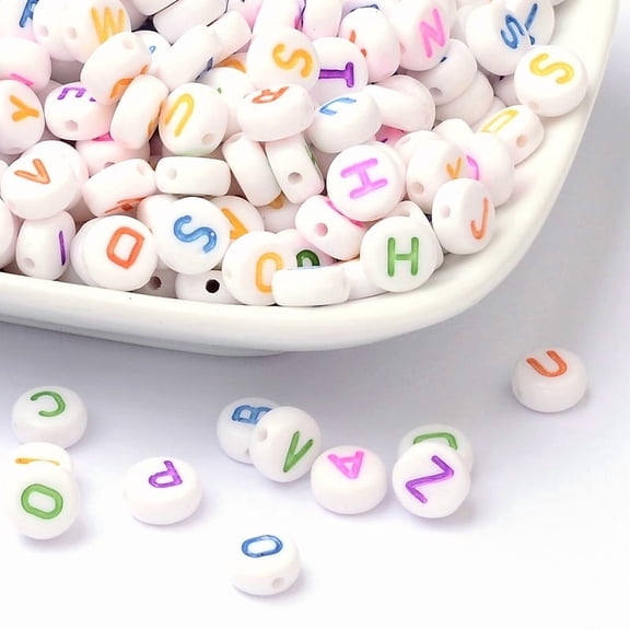 Initial Acrylic Horizontal Hole Beads Mixed Letters Flat Round White 7x4mm Hole: 1.3mm about 3500pcs/bag