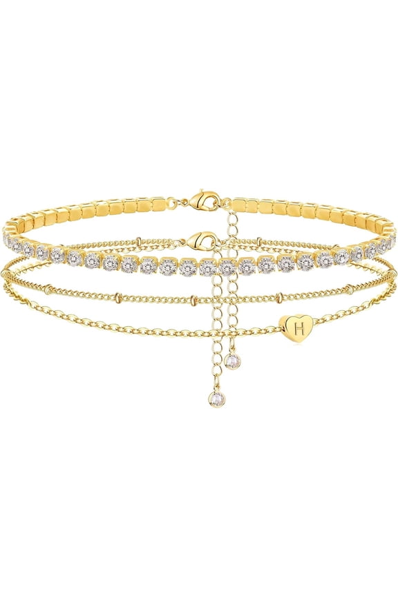 Initial Ankle Bracelets for Women, 14K Gold Plated Anklets for Women Waterproof Dainty Layered Heart Letter Initial Anklets Tennis Anklets Personalized Gifts for Women