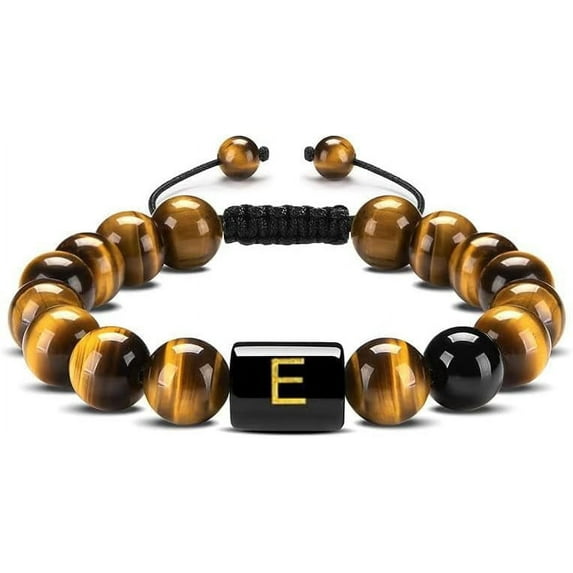 Initial Beaded Bracelet, Healing Gemstone Bracelet with Natural Tiger Eye&Black Onyx, Stress Relief Yoga Beads Adjustable Bracelet Bring Luck Prosperity Happiness for Men Women