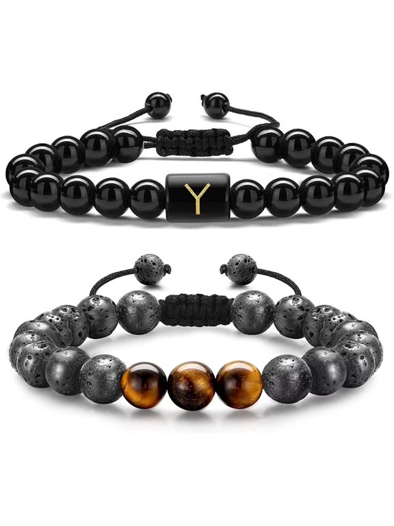 Initial Beaded Bracelets for Men, 8mm Tiger Eye Lava Rock Stone Handmade Mens Letter Obsidain Bracelet Stress Relief Yoga Beads Bracelets Adjustable Anti Anxiety Bracelets for Men Women Jewelry Gifts