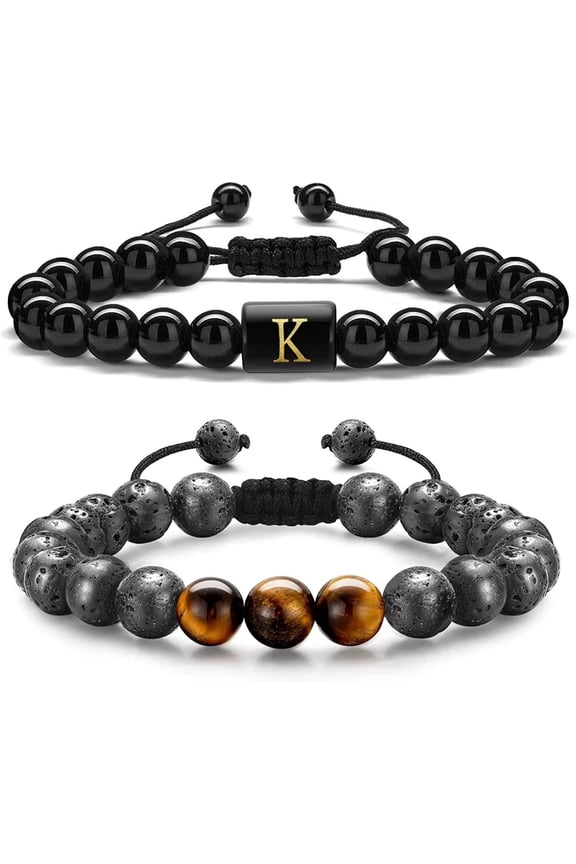 Initial Beaded Bracelets for Men, 8mm Tiger Eye Lava Rock Stone Handmade Mens Letter Obsidain Bracelet Stress Relief Yoga Beads Bracelets Adjustable Anti Anxiety Bracelets for Men Women Jewelry Gifts