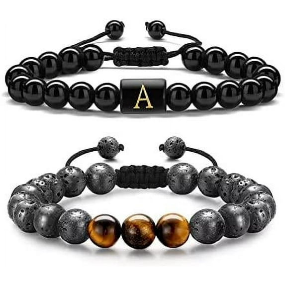 Initial Beaded Bracelets for Men, 8mm Tiger Eye Lava Rock Stone Handmade Mens Letter Obsidain Bracelet Stress Relief Yoga Beads Bracelets Adjustable Anti Anxiety Bracelets for Men Women Jewelry Gifts