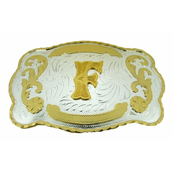 Initial Belt Buckle Letter F Alphabet Monogram Western Cowboy Rodeo Gold Silver