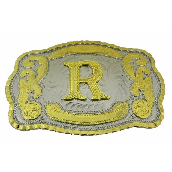 Initial Belt Buckle Letter R Alphabet Monogram Western Cowboy Rodeo Gold Silver