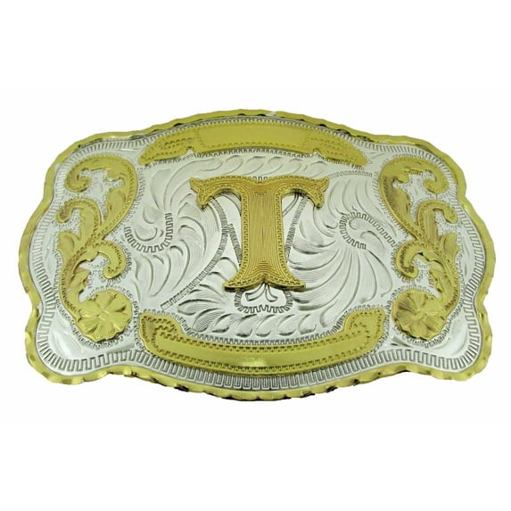 Initial Belt Buckle Letter T Alphabet Monogram Western Cowboy Rodeo Gold Silver