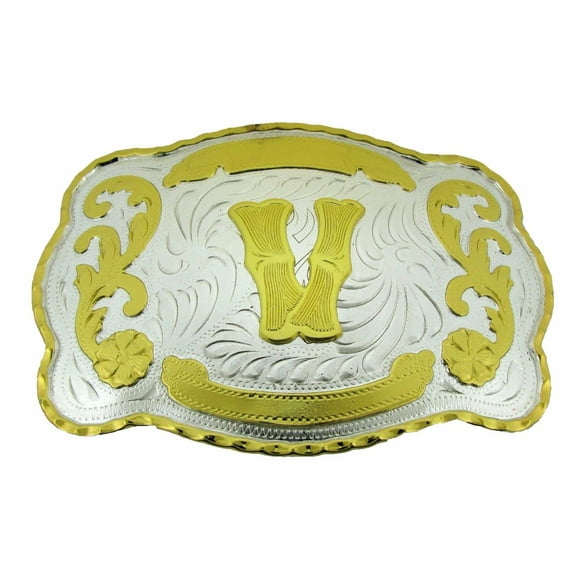 Initial Belt Buckle Letter V Alphabet Monogram Western Cowboy Rodeo Gold Silver