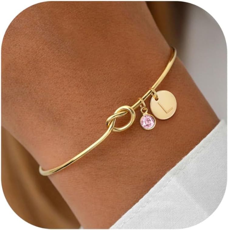 POFO Initial Birthstone Gold Bracelets For Women Bridesmaid Proposal Gift Tie The Love Knot Cuff Bangle Bracelet 14K Gold Plated Adjustable Birthstone Bracelets Personalized A-Z Initial Charm Bir[H5810]