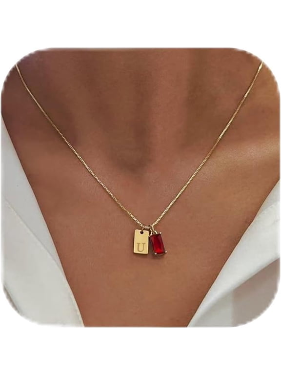Initial Birthstone Necklace for Women 14K Gold Plated Dainty Tag Cubic Zirconia Birthstone Pendant Necklace,Letter A-Z,January-December,Birthday Christmas Jewelry Gift[j1601]