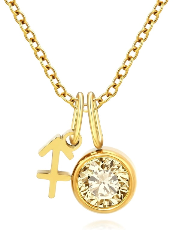 Initial Birthstone Necklace for Women - Personalized Gifts Birthday Gifts for Women Stainless Steel 18K Gold Plated Dainty Gold Zodiac Sign 12 Constellation Horoscope Necklace Jewelry