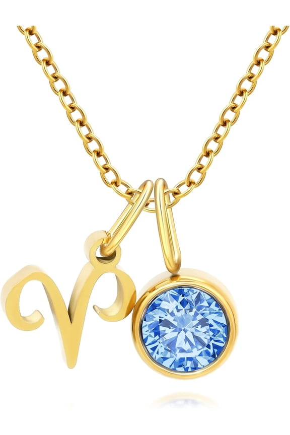 Initial Birthstone Necklace for Women - Personalized Gifts Birthday Gifts for Women Stainless Steel 18K Gold Plated Dainty Gold Zodiac Sign 12 Constellation Horoscope Necklace Jewelry