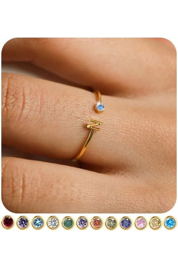 Initial Birthstone Rings for Women Non Tarnish Trendy Stackable Dainty Gold Letter Adjustable Emerald Green Cubic Zirconia Ring for Mothers Daughter Birthday Bridesmaid Gifts Jewelry