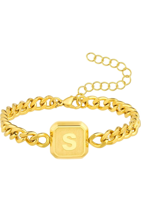 Initial Bracelet Gold/Silver/Black Square Cuban Bracelet Men's Bracelet Size Adjustable Stainless Steel Men's Jewellery Gift for Husband Father Brother Son