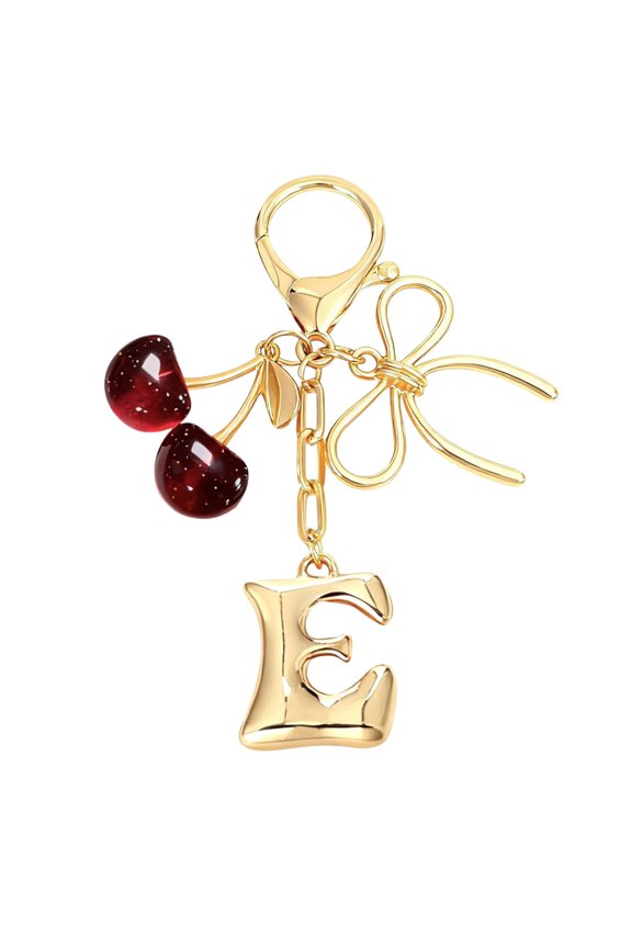 Initial Bubble Keychain with Bow and Cherry, Golden Letter Charms for Women's Bag, Cute Wallet and Purse Accessories, Letter O