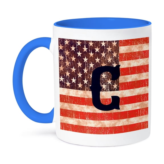 3dRose, Initial C- Distressed Vintage Look United States Flag with Monogram, 11oz Two-Tone Blue Mug