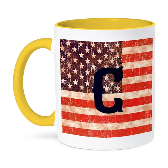3dRose, Initial C- Distressed Vintage Look United States Flag with Monogram, 15oz Two-Tone Yellow Mug