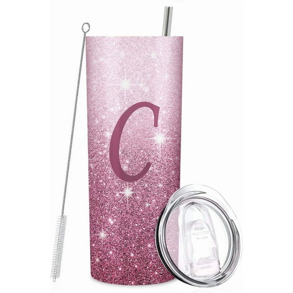 Initial C Tumbler Cup Gifts, Monogrammed Gifts for Women, Personalized Tumblers with Lids and Straws for Women 20oz, Personalized Gifts for Girls Women Mom Teacher Birthday Wedding Graduation, C-Pink