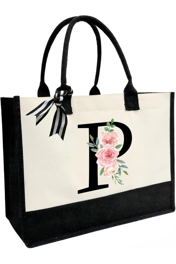 Initial Canvas Beach Tote Bag with Printed letter,Personalized Gifts for Women,Mom,,Teachers and Bridesmaids