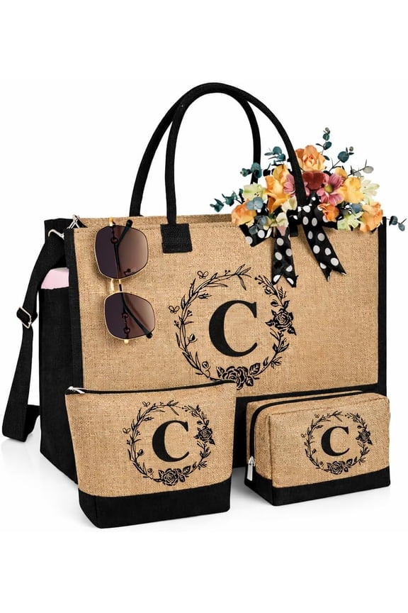 Initial Canvas Tote Bag, Birthday Gifts for Women, Monogrammed Beach Tote Bag for Mom Daughter Sister